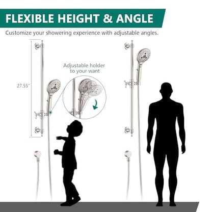 Handheld Shower Head with Slide Bar Combo, 6 Settings Handheld Shower with ON/OFF Pause Switch, Adjustable Height 27.5" Long Slide Bar, Wall Supply Elbow and 6.6ft Shower Hose, Brushed Nickel - color: Brushed Nickel