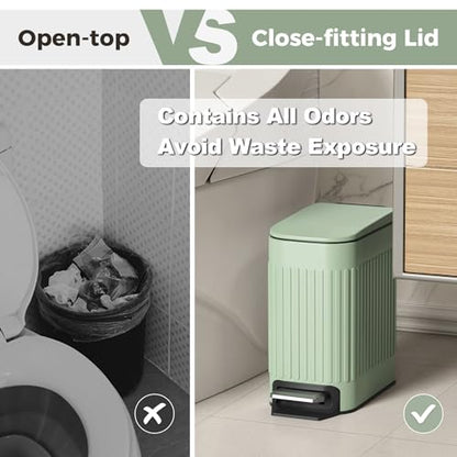 TrashAid Slim Bathroom Trash Can with Lid Soft Close & Pedal, 1.6Gal, Green | Removable Inner Bucket, Stainless Steel Garbage Can, Small Wastebasket for Toilet/Office/Bedroom, Retro Design, Odor Control - color: Green