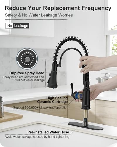3-Function Kitchen Faucets with Pull Down Sprayer, 1 Hole or 3 Hole Kitchen Faucet Black, 1 Handle Kitchen Sink Faucets, 360 Degree Swivel Stainless Steel Faucet for Kitchen Sink with Deck Plate - color: Matte Black - Classic