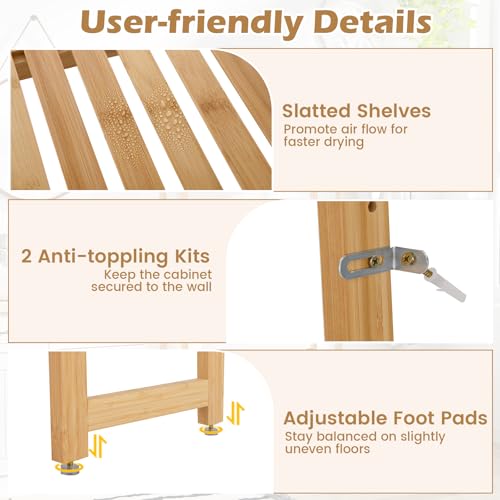 Tangkula 3-Tier Over the Toilet Storage Rack, Bamboo Bathroom Stand Organizer with 5-Position Shelves, 3 Hooks, Adjustable Bottom Bar, Freestanding Space Saver Toilet Shelf for Laundry Room (Natural)