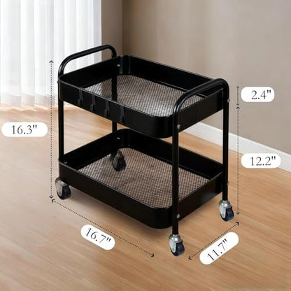2 Tier Metal Rolling Utility Cart with Wheels Under Desk Storage Cart with Handle, Roll Around Organizer Trolley for Small Space Pantry Bathroom Home Kitchen Office Snack Baby Supplies, Black - color: Black