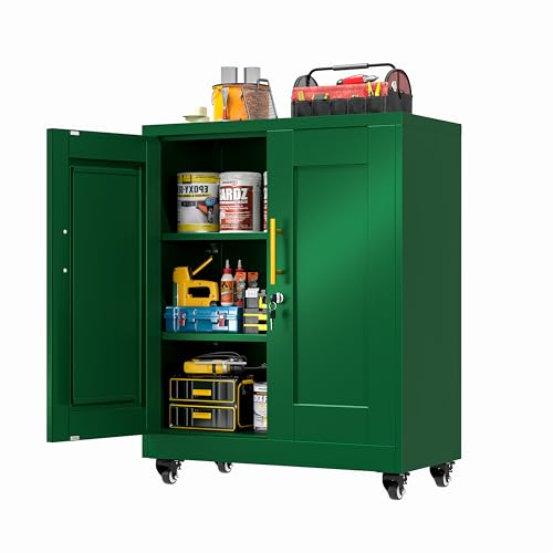GAIOUS Metal Storage Cabinet with Lock and Wheels, Steel Tool Cabinet | with 2 Door and 2 Adjustable Shelves, 35” Tall Lockable File Cabinet, Garage Cabinet, Rolling Cabinet for Home Office - Green - color: Green, size: 13.8"D x 27.6"W x 35.4"H