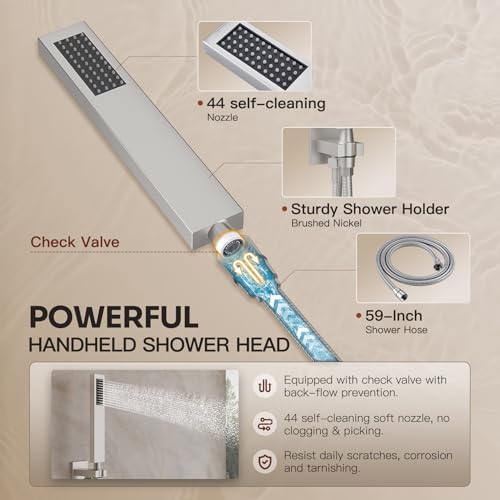 Shower System, All Metal Dual Rain Shower Head with Handheld | 3-In-1 Push Button Valve and Trim Kit, Brushed Nickel SUS304 10" Ceiling & 8" Wall Mount Heads, Bathroom Shower Faucet Set - color: Brushed Nickel