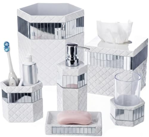 Creative Scents Quilted Mirror 6 Piece Bathroom Accessories Set | Includes Trash can, Tissue Box Cover, Soap Dispenser, Toothbrush Holder, Tumbler Cup & Soap Dish - style: 6 Piece Set