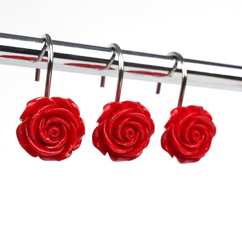 Twofish Home Red Rose Flower Shower Curtain Hooks Anti Rust Shower Curtain Hooks Decorative Resin Red Rose Flower Shower Curtain Rings Set of 12 - color: Red Rose