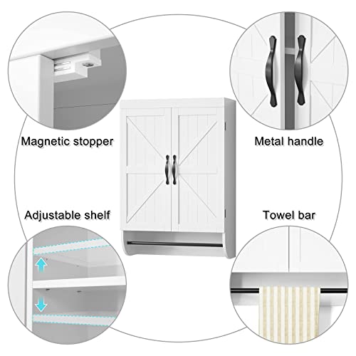 SRIWATANA Bathroom Storage Wall Cabinet Over The Toilet with Adjustable Shelf, Space Saver 2-Door Medicine Cabinet with Metal Bar, White