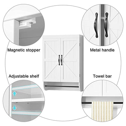 SRIWATANA Bathroom Storage Wall Cabinet Over The Toilet with Adjustable Shelf, Space Saver 2-Door Medicine Cabinet with Metal Bar, White