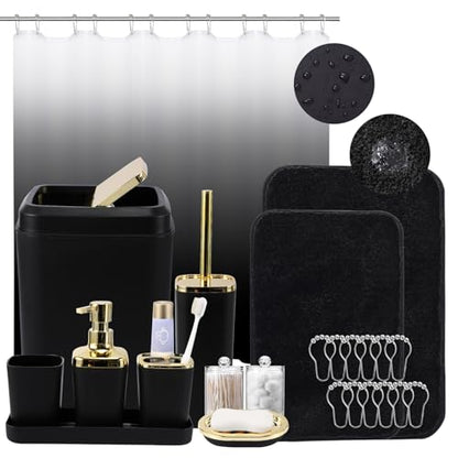 XLHOMO Bathroom Set - Black Bathroom Accessories Set, Bathroom Sets with Shower Curtain and Rugs, 24PC Shower Curtain Set with Hooks, Soap Dispenser, Soap Dish, Toilet Brush Holder and Trash Can - color: Gold and Black, size: Bathroom Set+Shower Curtain+B