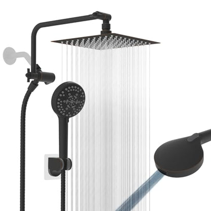 8" Metal Rainfall Shower Head with 10-Mode Handheld, Oil Rubbed Bronze | NSF/ANSI/CAN 372 Certified, High Pressure Showerhead Combo with 11" Adjustable Shower Arm, 71" Hose, Shower Head Holder - color: Oil Rubbed Bronze, style: Square 8"