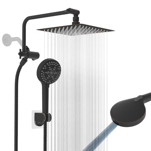8" Metal Rainfall Shower Head with 10-Mode Handheld, Oil Rubbed Bronze | NSF/ANSI/CAN 372 Certified, High Pressure Showerhead Combo with 11" Adjustable Shower Arm, 71" Hose, Shower Head Holder - color: Oil Rubbed Bronze, style: Square 8"