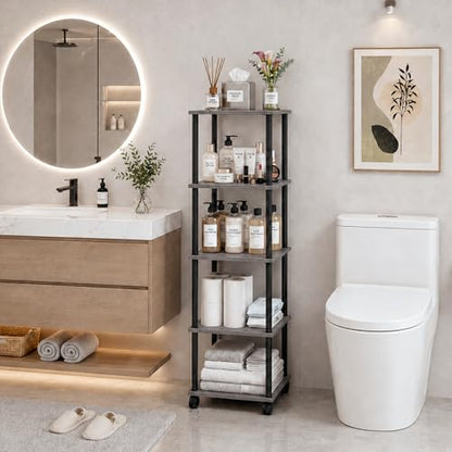5-Tier 50.4" Tall Oak Grey Bathroom Shelving Unit with Wheels | Wood Finish, Metal Frame, Rolling Narrow Open Shelf Design, for Laundry Room, Kitchen, Living Spaces, Easy to Move - color: Oak Grey, size: 5-Tier