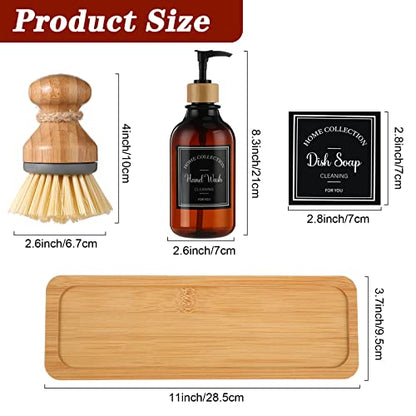 Zopeal 4 Pcs Kitchen Soap Dispenser Set with Bamboo Tray and Dish Brush Plastic Soap Dispenser Set with Waterproof Labels for Hand Dish Lotion(Brown) - color: Brown