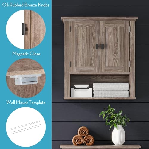 RiverRidge Hayward 2-Door Bathroom Wall Medicine Cabinet, Light Woodgrain | Open Display Shelf, Adjustable Interior Shelf, Laundry Storage, Wall-Mounted Over the Toilet Space-Saving Cabinet - color: Light Woodgrain