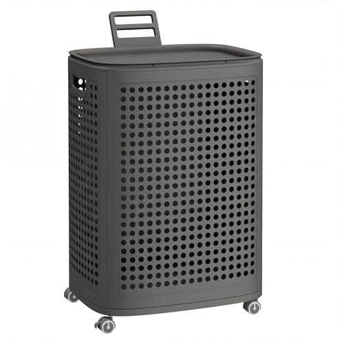 SONGMICS Laundry Hamper with Wheels, Plastic Laundry Basket, 19.8 Gallons (75 L), Slim Storage Basket, for Bathroom, Bedroom, Dark Gray URLH020G101 - color: Dark Gray, size: Lid and Wheels