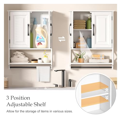 20" x 25" Bathroom Wall Cabinet with Towel Bar, White Painted Wall Mounted Storage Cabinet with Adjustable Shelf, Over The Toilet Medicine Cabinet, Wood Wall Cabinet for Bathroom Laundry Room - size: 20"D x 7"W x 25"H