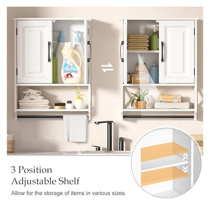 20" x 25" Bathroom Wall Cabinet with Towel Bar, White Painted Wall Mounted Storage Cabinet with Adjustable Shelf, Over The Toilet Medicine Cabinet, Wood Wall Cabinet for Bathroom Laundry Room - size: 20"D x 7"W x 25"H