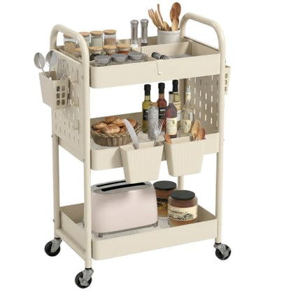 3 Tier Rolling Cart with Retractable Dividers, Multi-Functional White Rolling Utility Cart with Pegboards, Hooks & Hanging Cups for Nursery, Living Room, Studio - color: Beige