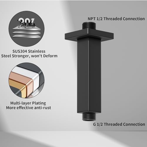 Matte Black Shower Arm with Flange Square Stainless Steel Ceiling Mount Shower Extension Arm Pipe for Shower Head, 4 inch Short - color: Matte Black