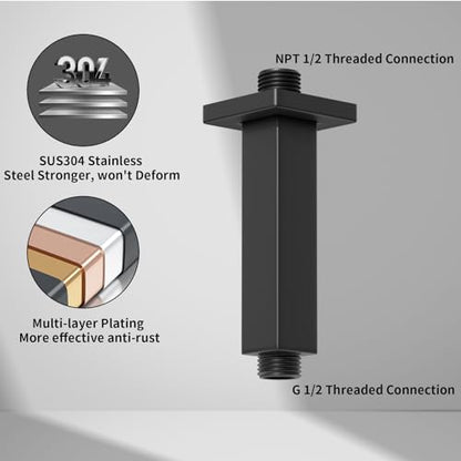 Matte Black Shower Arm with Flange Square Stainless Steel Ceiling Mount Shower Extension Arm Pipe for Shower Head, 4 inch Short - color: Matte Black