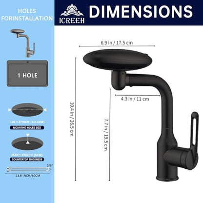 Bathroom Sink Faucet 1 Hole, Matte Black Multifunctional Basin Faucet with 4 Water Outlet Modes, Modern 360°Rotatable Bar Tap with Two Water Supply Pipes - color: Matte Black