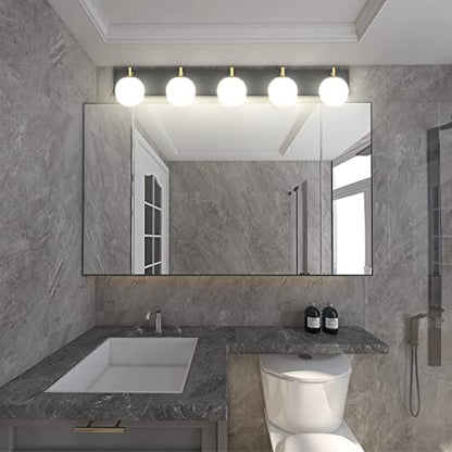 Aipsun Mid Century Modern Bathroom Vanity Light Over Mirror 5 Lights Milky White Globe Glass Black/Golden Bathroom Light Fixture(Exclude Bulb) - color: Black+Gold, size: 5 Lights