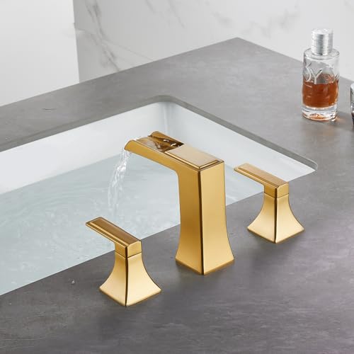 Brushed Gold Waterfall Bathroom Faucet, Sanliv 2-Handle Widespread Bathroom Faucet for 3-Hole Sinks 4-8 inch, Modern Vanity Faucets with Pop Up Drain, Champagne Bronze - color: Brushed Gold