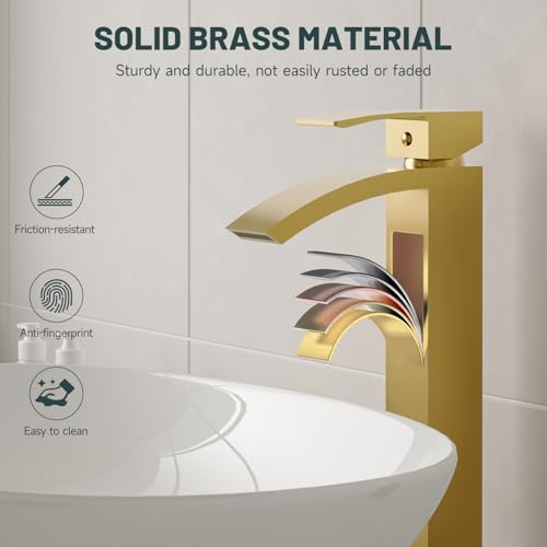 Brushed Gold Vessel Sink Faucet, Waterfall Bathroom Faucets | Brass, Tall Spout, Single Handle 1 Hole Bathroom Faucet, Modern Basin Taps with Supply Line, Pop Up Drain, Without Overflow - color: Brushed Gold, size: Tall