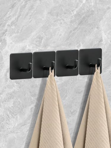 4 Pcs Stainless Steel Adhesive Hooks, Heavy Duty Waterproof Wall Hooks for Hanging Hat,Towel Robe Hook Rack WallMount- Bathroom and Bedroom (Square Black) - color: Black, size: Square