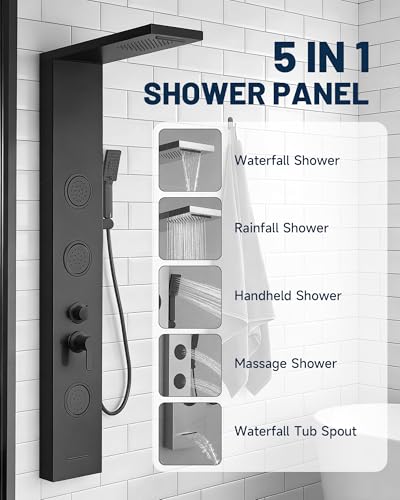 Shower Panel Tower System Rainfall Waterfall Shower Head 3 Massage Body Jet | Handheld Shower Head and Tub Spout Wall Mounted Multi-Function Bathroom Shower Panel Matte Black by Homevacious - color: Black