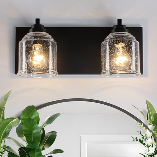 16" 2-Light Farmhouse Bathroom Vanity Light with Bubble Glass, Black | Farmhouse Rustic style, Matte black metal base, E26 Ceramic Base(no bulb), UL, ETL, mount up/down, for bathroom & over mirror - color: Matte Black, size: 2-Light