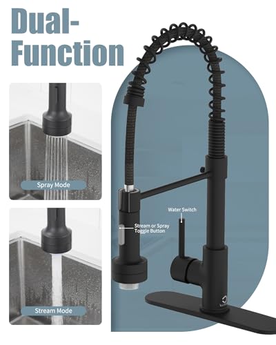 Black Kitchen Faucet with LED light,Kitchen Faucet with Soap Dispenser,Faucet for Kitchen Sink,Single Handle Stainless Steel Kitchen Sink Faucets with Pull Down Sprayer,Camper Farmhouse RV Sink Faucet - color: A-Matte Black, style: Rustic