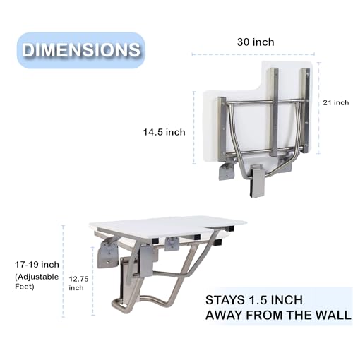Folding Shower Chair For Elderly And Disabled | ADA Folding Shower Seat Wall Mounted holds up to 600 lbs | High Density Polymer Shower Chair For Inside Shower 304 Stainless Steel | 30"x21” Right Hand - size: 30 Right