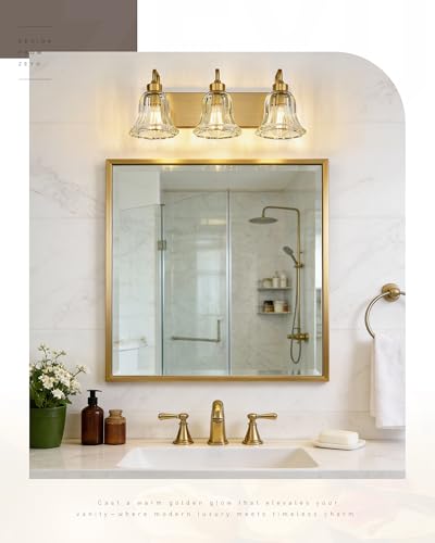 zeyu 22-Inch 3-Light Bathroom Lights Over Mirror Fixture, ZJX117B-3W BG | Gold Bathroom Light Fixtures, Clear Striped Glass Shades, Metal And Glass Construction, Wall-Mounted Bathroom Lighting - color: Gold+Clear Striped Glass, size: 3-Light