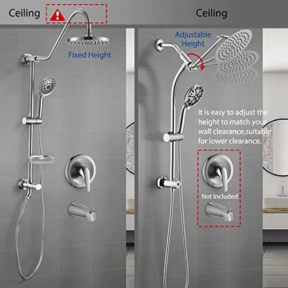 Rainfall 8 Inch Round Shower Head with High Pressure Handheld Spray Combo, Drill-Free Slide Bar with Adjustable Shower Extension Arm, 3-Way Low Diverter for Easy Reach, 5Ft Hose- Chrome - color: Chrome