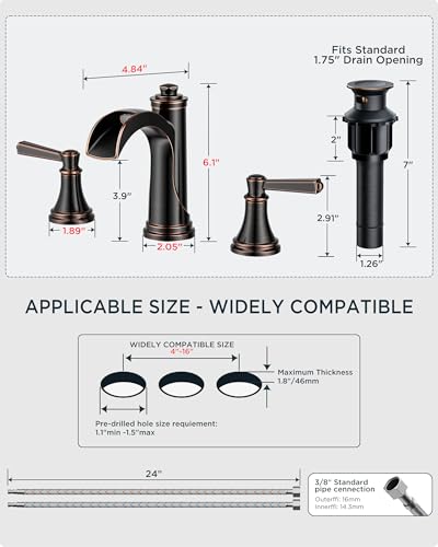 FORIOUS Oil Rubbed Bronze Bathroom Faucet 3 Hole, Waterfall Bathroom Faucet | 2 Handle Brass Waterfall Faucet for Bathroom Sink 3 Hole, 3 Pieces Antique Bronze Bathroom Faucet Widespread with Mteal Drain - color: Oil Rubbed Bronze