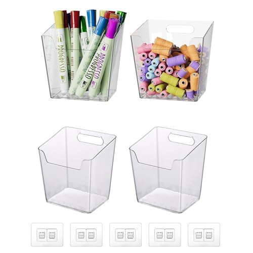 Clear Adhesive Wall Storage Bins, 4 Pack Cabinet Door Organizer Cups(Small) | Clear PET Hanging Wall Mount Pockets, Plastic Caddy for Shower Bathroom Makeup Office Craft Kitchen Sink RV Organization - size: Small