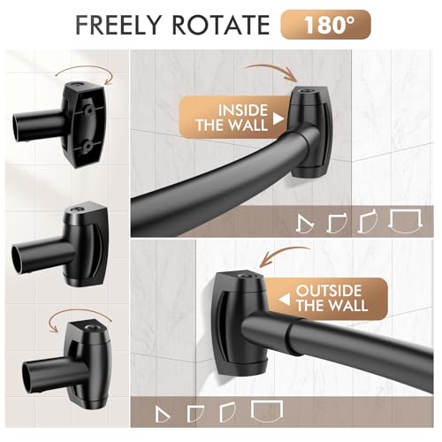 Curved Shower Curtain Rod for Bathroom, 40-72 Inches Adjustable Shower Rod | Rustproof Shower Curtain Rod with Rotating Brackets for Extra 30% Large Shower Space, 0.9MM thickness, Need to Drill, Black - color: Black