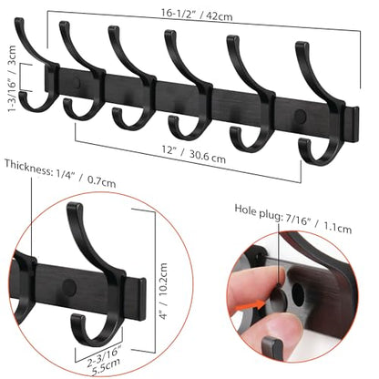 Coat Rack Wall Mounted - 6 Double Hooks, Heavy Duty, Aeropace Grade Aluminum Alloy, Metal Coat Hook Hanger Entryway Bathroom (Brushed Black Metalic, 6 Hooks - 2 Pack) - color: Brushed Black Metalic, size: 6 Hooks - 2 Pack