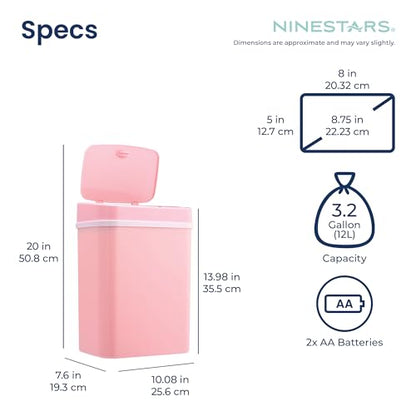 Ninestars 3 Gallon Automatic Trash Can, 12L Touchless Motion Sensor Bathroom or Bedroom Garbage Can with Odor-Sealing Lid, Impact-Resistant ABS Plastic, Pink - color: Pink