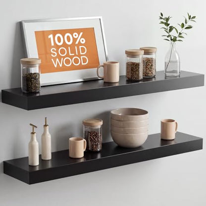 Black Floating Shelves 30 inches Long, High End Solid Real Wood 30 inch Floating Shelf for Wall Mounted, Black Wooden 30in Floating Shelves, Heavy Duty Bracket, 30 X 6.5 X 1.75 in, Set of 2 - color: Modern Black - Rich Neutral Satin, size: 30 inch