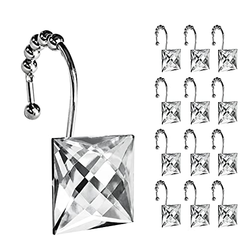 Sunlit Luxury Design Square Clear Diamond Crystal Gem Bling with Glide Balls Shower Curtain Hooks, Rust Proof Metal Rhinestones Glam Shower Curtain Rings-12 Pack - color: Clear