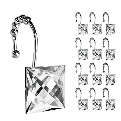 Sunlit Luxury Design Square Clear Diamond Crystal Gem Bling with Glide Balls Shower Curtain Hooks, Rust Proof Metal Rhinestones Glam Shower Curtain Rings-12 Pack - color: Clear
