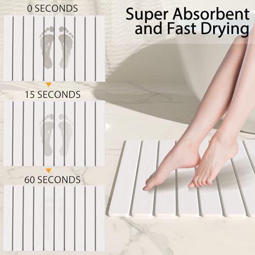 Foldable Stone Bath Mat 60x39cm | Quick-Dry Diatomaceous Earth Bath Rug with PVC Anti-Slip Base | Bathroom, Kitchen, Pet-Friendly Water Absorbent Mat - color: White