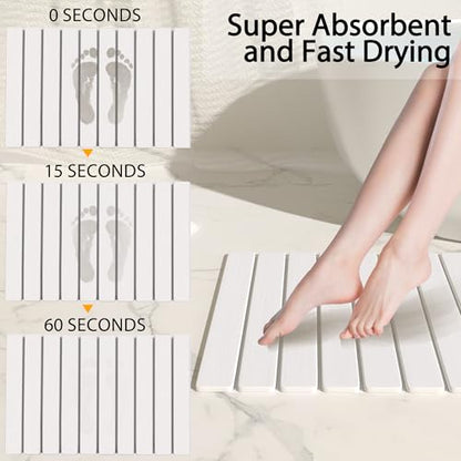 Foldable Stone Bath Mat 60x39cm | Quick-Dry Diatomaceous Earth Bath Rug with PVC Anti-Slip Base | Bathroom, Kitchen, Pet-Friendly Water Absorbent Mat - color: White
