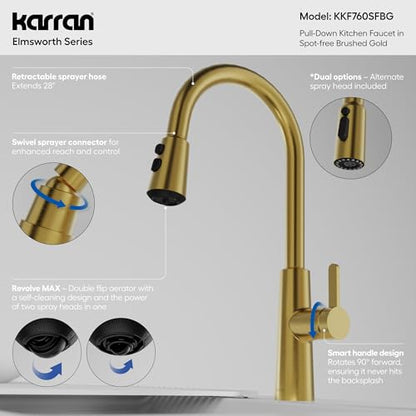 Karran Elmsworth Commercial Style Pull-Down Kitchen Faucet with Dual Interchangeable Spray Heads 5-Function Revolve MAX & 3-Function Revolve Mini Aerator High-Arc Spout (Spot Free Brushed Gold) - color: Spot Free Brushed Gold