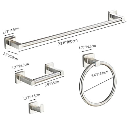 Brushed Nickel Bathroom Hardware Set 4 Pieces,Bathroom Accessories Set Stainless Steel Wall Mounted, Hand Towel Bar, Towel Ring, Robe Towel Hooks,Toilet Paper Holder,Towel Bar Set, 23.6 Inch - color: Brushed Nickel, size: 23.6Inch