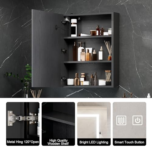 Black Medicine Cabinet with Led Lights,Lighted Medicine Cabinet with Mirror,Mirror Cabinet with 3 Storage Shelf Wall Mounted, Medicine Cabinet with Defogger,24x30Inch - size: 24x30-Black
