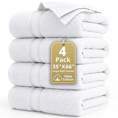 LANE LINEN Bath Sheets 100% Cotton 4 Pack Oversized Soft - White | Oversized Shower Sheets - Generously Sized, Oversized & Roomy, Lightweight & Breathable, Fade-Resistant Color - color: 01: White, size: 4 Piece Bath Sheets (35" x 66")