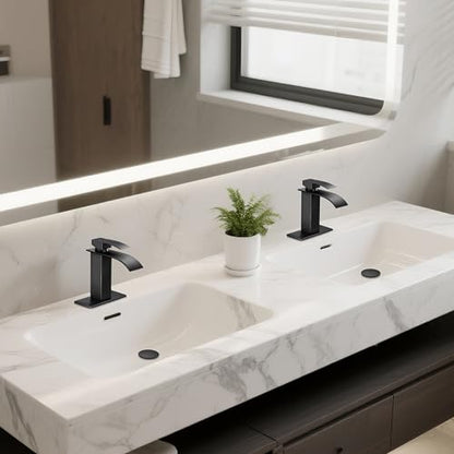 Bathroom Faucets Matte Black Waterfall Bathroom Sink Faucet 2 Pack | with Pop-up Drain & Deck,Supply Hoses,Single Handle Vanity Faucet,Stainless Steel,1 or 3 Hole,RV,Farmhouse Bathrooms - color: A-Matte Black x 2, style: Short