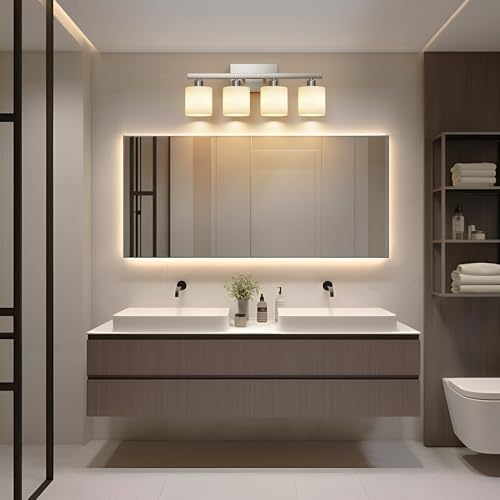 Bathroom Light Fixtures, Bathroom Lighting Fixtures Over Mirror, Classic Vanity Lights, Modern Vanity Light with Textured Frosted Opal White Glass Shades, Brushed Nickel, 4-Light - color: ‎Brushed Nickel, size: 4-Light